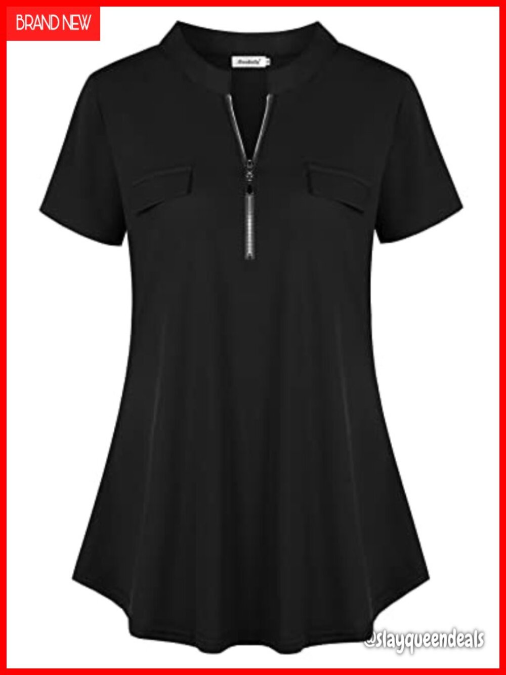 Womens Floral Tunic Top Short Sleeve Zip V-Neck Blouse Casual Work Shirt